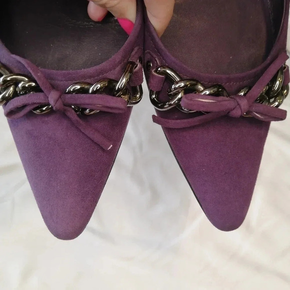 Prada Purple Suede Pointed Toe Flats with Chain Links and Bow Size 37 or 7 US - Picture 8 of 17